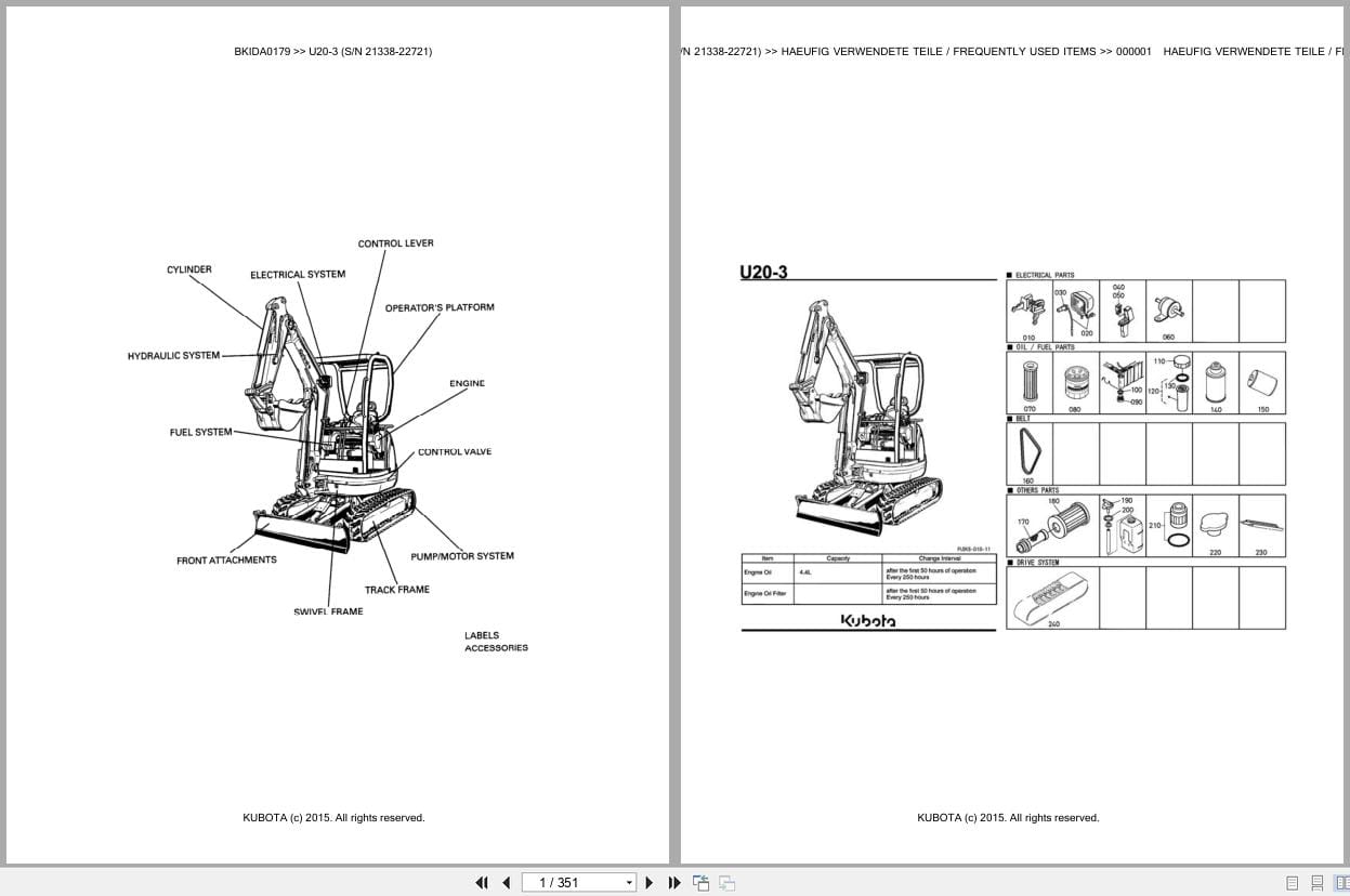Kubota Excavator U20 3 21338 22721 Parts Catalog EN DE (1)