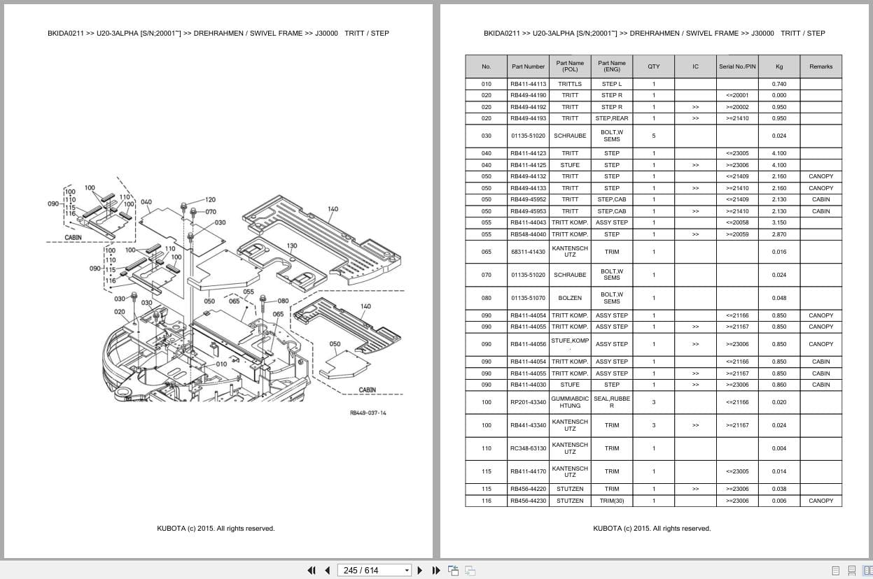 Kubota Excavator U20 3 Alpha 20001 Parts Catalog EN DE (2)
