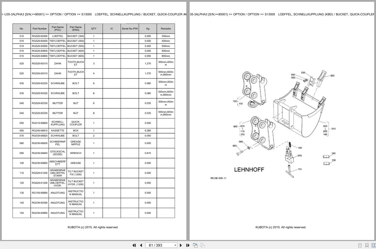 Kubota Excavator U35 3 Alpha 3 85001 Parts Catalog EN DE (2)