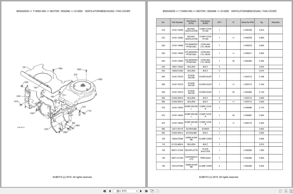 Kubota Tractor T1400H WG Parts Catalog EN DE (2)