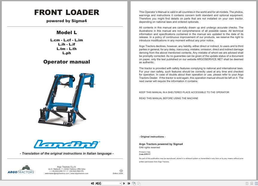 Landini Front Loader Model L Operators Manual ATR117 2024 (1)