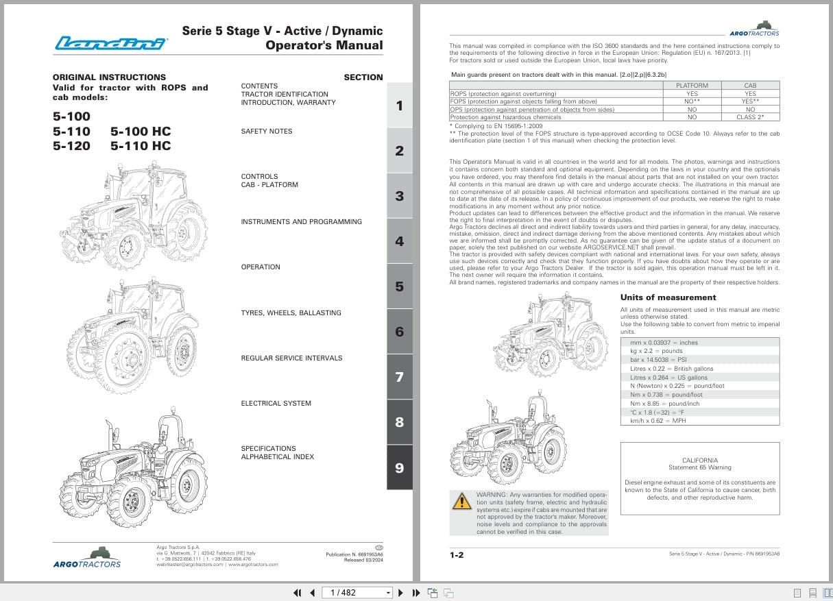 Landini Tractor 5 100 5 110 5 120 5 100HC 5 110HC RS2B Operators Manual 6691953A6 2024 (1)