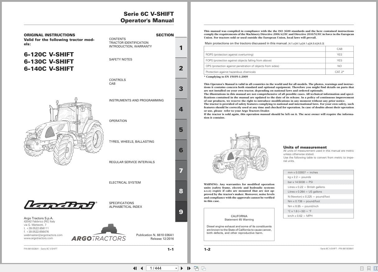 Landini Tractor 6 120C 6 130C 6 140C V Shift RP68 Operators Manual 6610036A1 2016 (1)