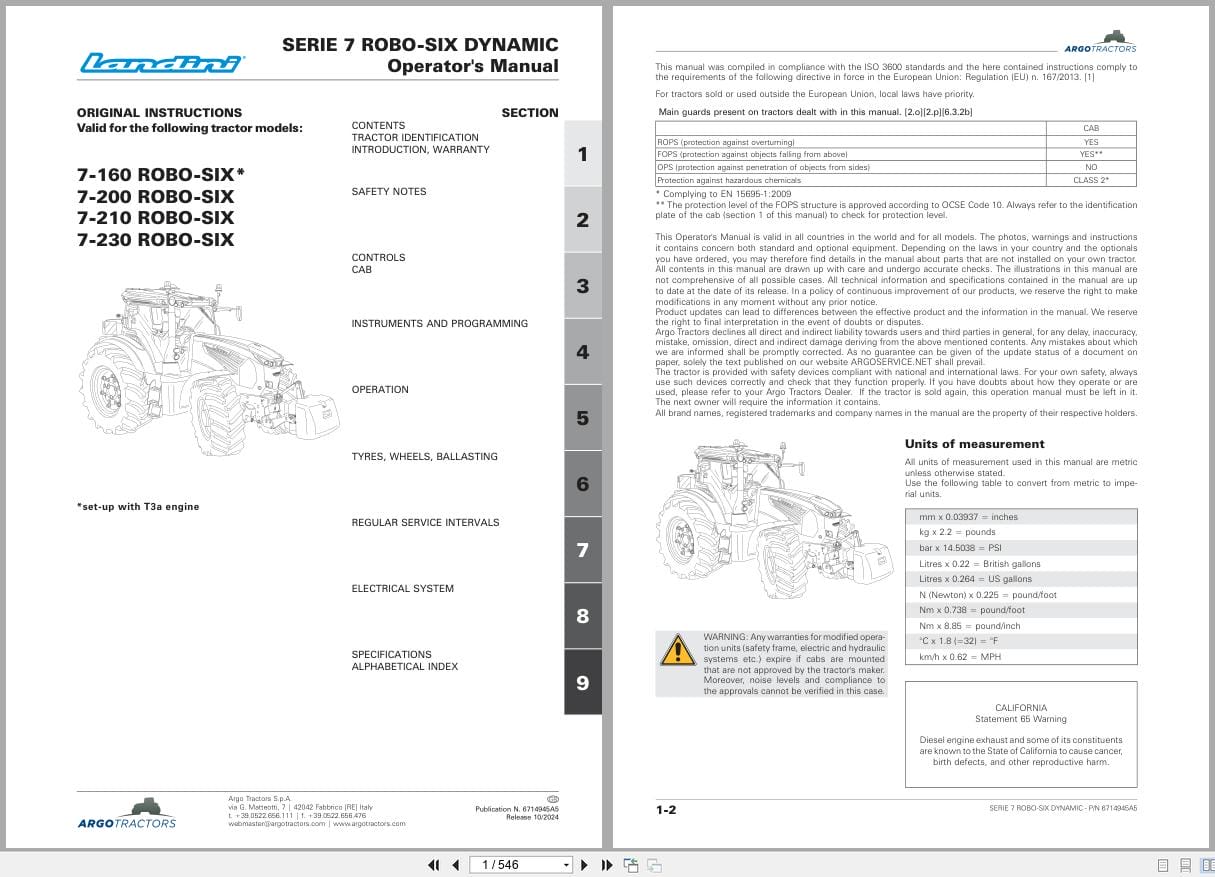 Landini Tractor 7 160 7 200 7 210 7 230 Robo Six Dynamic RPE8 Operators Manual 6714945A5 2024 (1)
