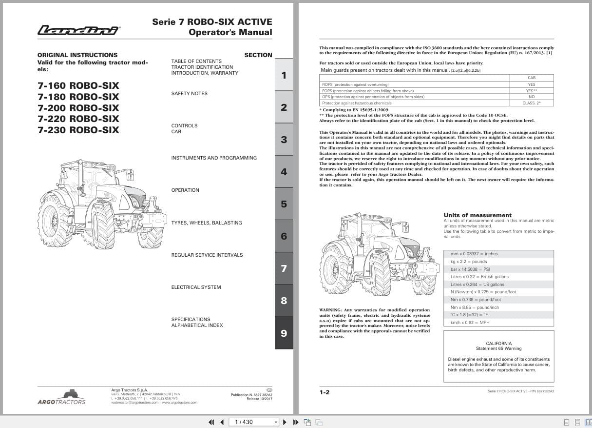 Landini Tractor 7 160 To 7 230 Robo Six Active RPE4 Operators Manual 6627382A2 2017 (1)