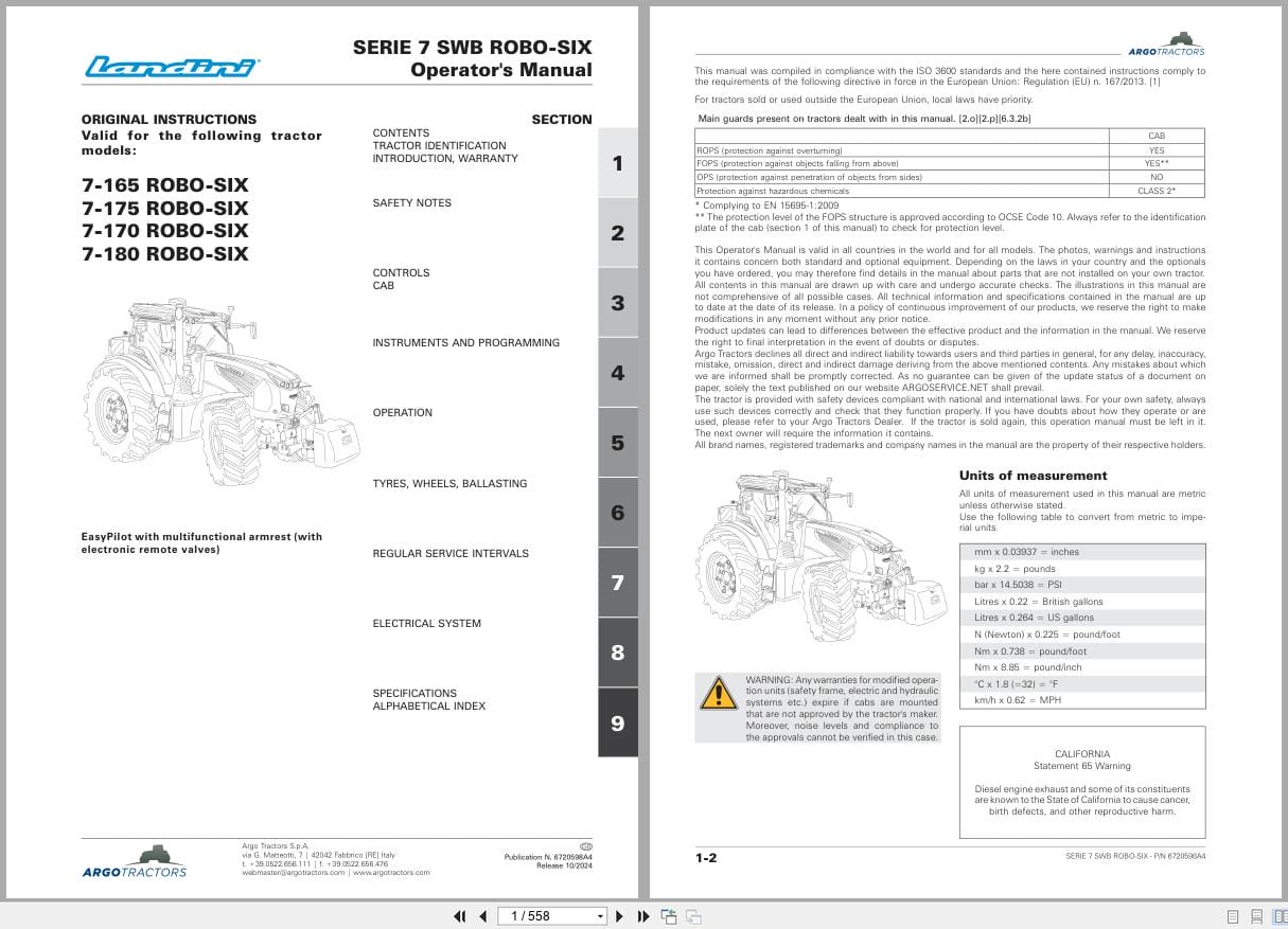 Landini Tractor 7 165 7 175 7 170 7 180 Robo Six RPD8 Operators Manual 6720598A4 2024 (1)