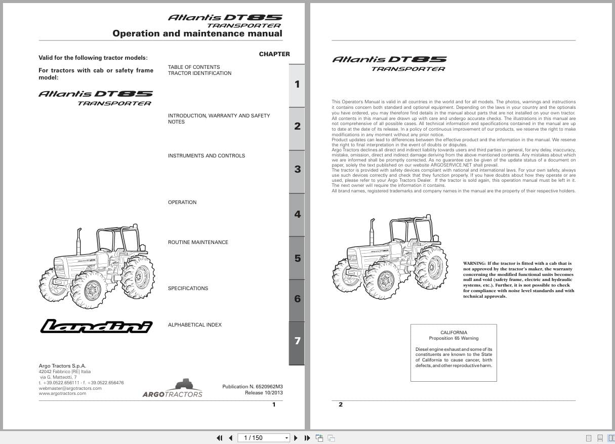 Landini Tractor Atlantis DT85 Transporter RT61 Operators And Maintenance Manual 6520962M3 2013 (1)