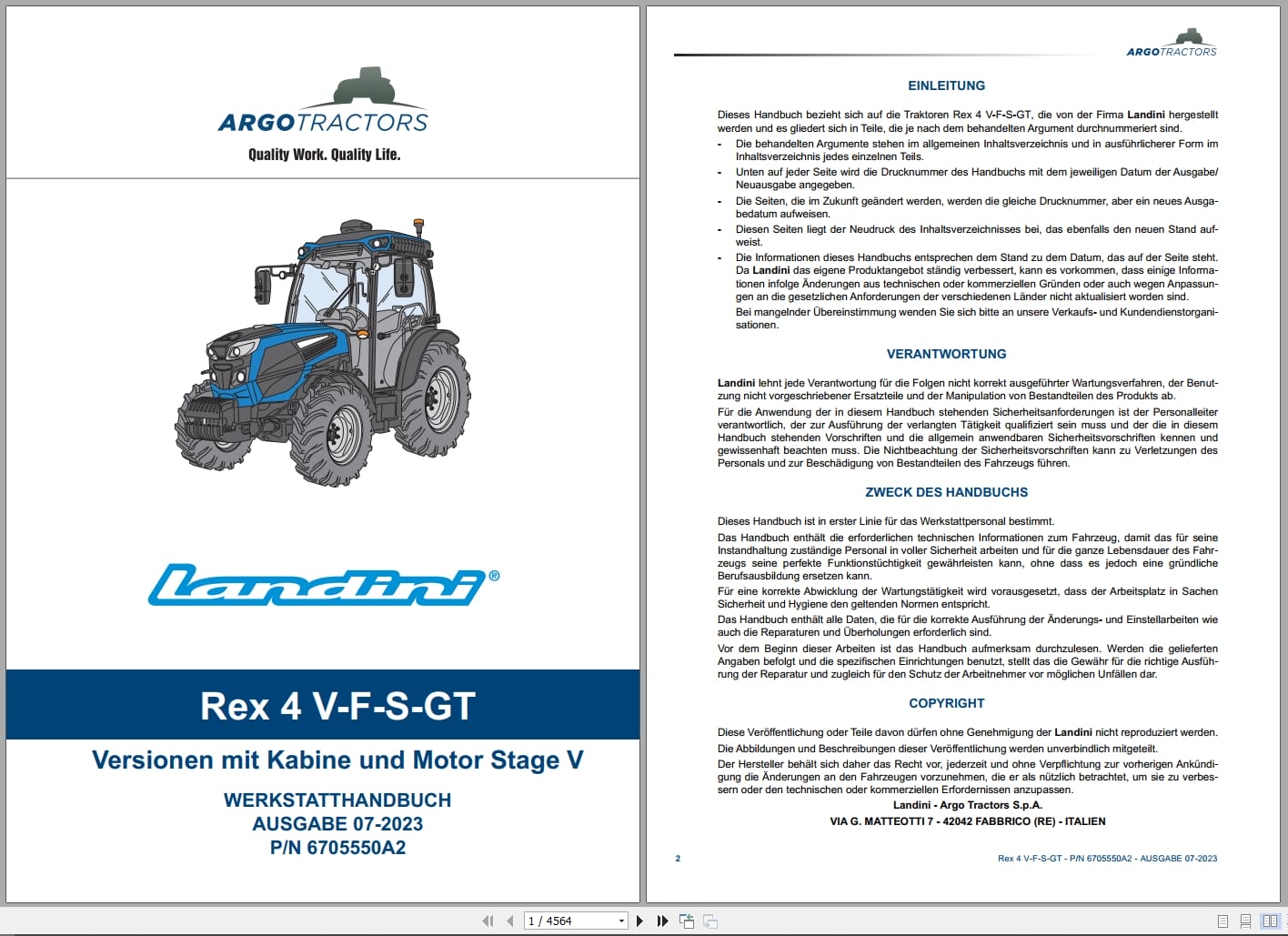 Landini Tractor Rex 4 V F S GT Workshop Manual 6705550A2 2023 DE (1)