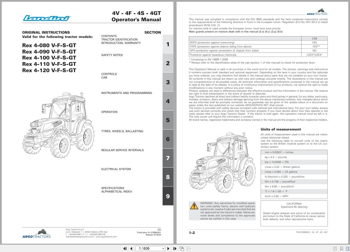 Landini Tractor Rex 4V 4F 4S 4GT RP5D Operators Manual 6736853A1 2024 (1)