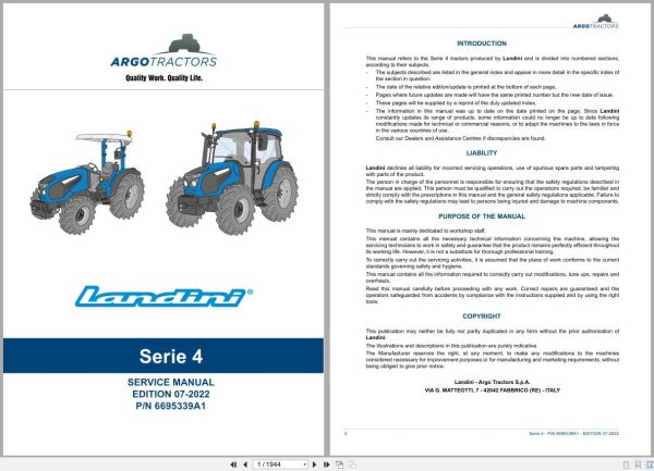 Landini Tractor Series 4 4 060 4 070 4 080 RS58 Service Manual 6695339A1 2022 (1)