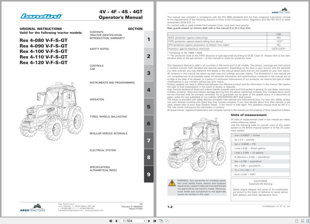 Landini Tractor Series 4V 4F 4S 4GT RP5D Operators Manual 6685002A4 2024 (1)