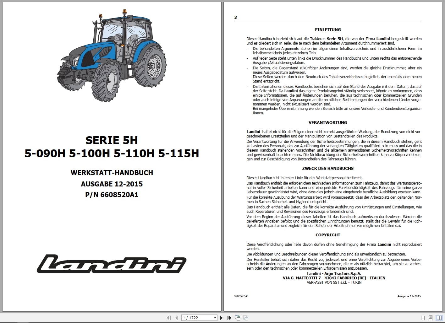 Landini Tractor Series 5H 5 090H 5 100H 5 110H 5 115H Workshop Manual 6608520A1 2015 DE (1)