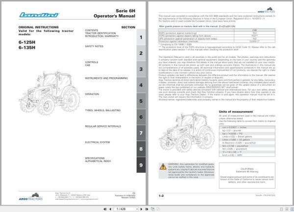 Landini Tractor Series 6H 6 125H 6 135H RS2C Operators Manual 6708732A2 2022 (1)