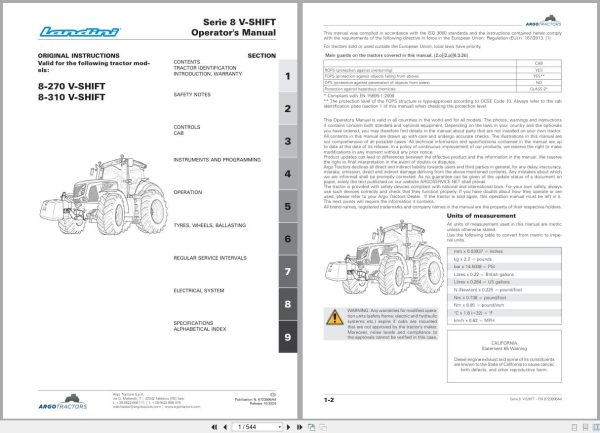 Landini Tractor Series 8 270 8 310 V Shift RPF2 Operators Manual 6723896A4 2024 (1)