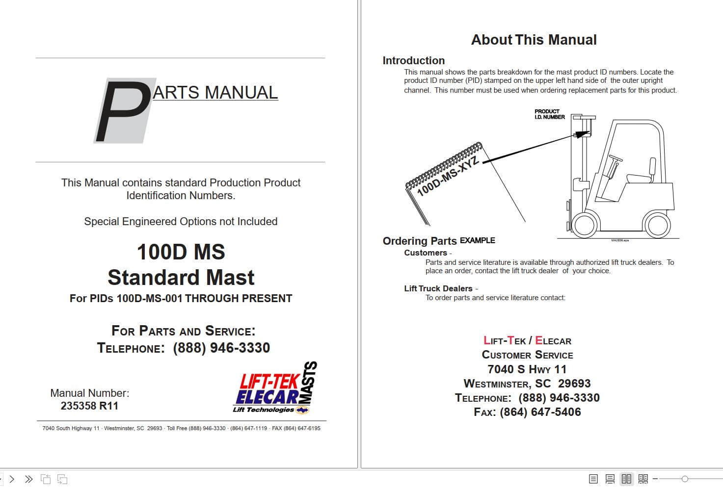 Lift Tek 100D MS Standard Mast Part Manual 235358R11 (1)