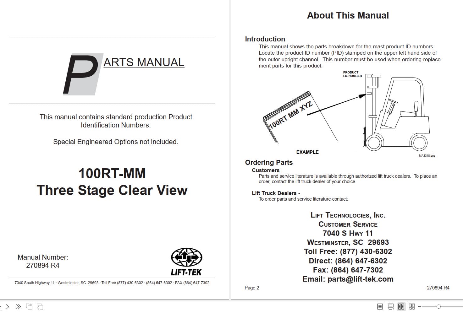 Lift Tek 100RT MM Three Stage Clear View Part Manual 270894R4 (1)
