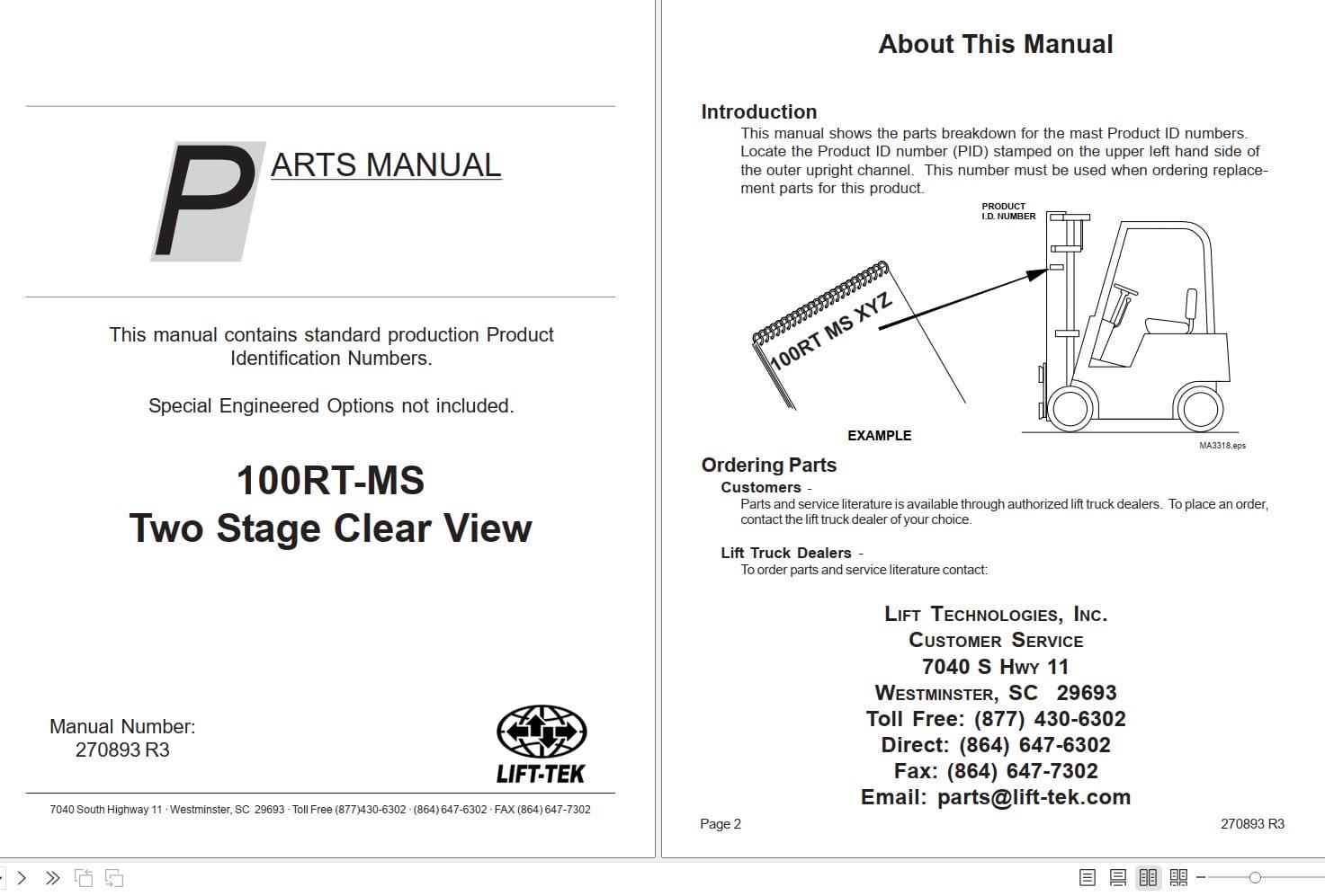 Lift Tek 100RT MS Two Stage Clear View Part Manual 270893R3 (1)