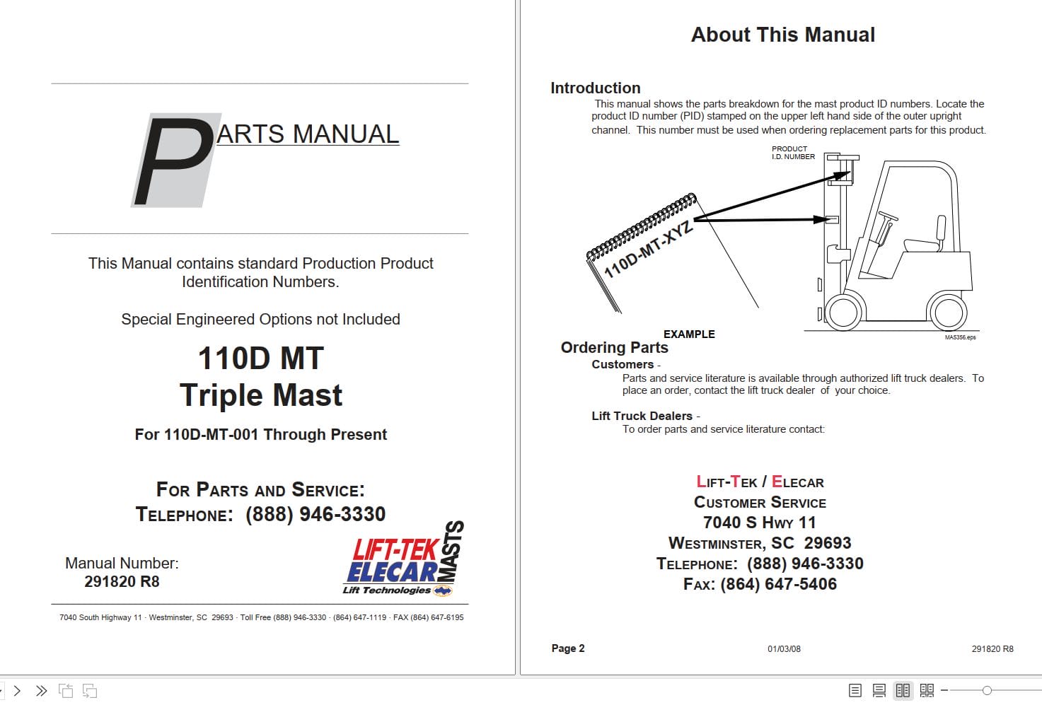 Lift Tek 110D MT Triple Mast Part Manual 291820R8 (1)