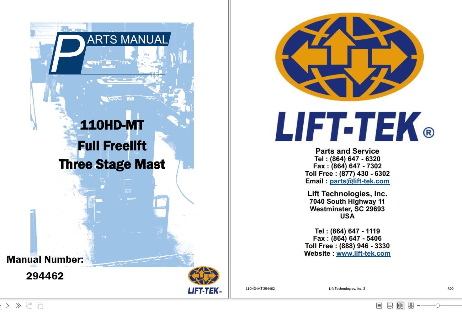 Lift Tek 110HD MT Full Freelift Three Stage Mast Part Manual 294462 (1)