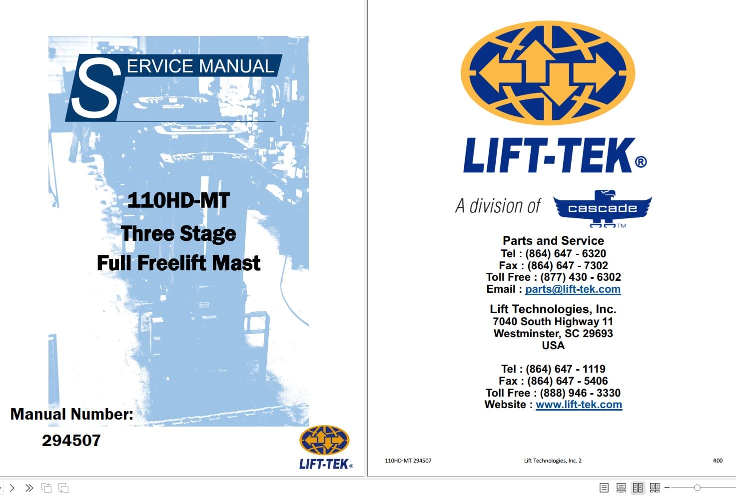 Lift Tek 110HD MT Three Stage Full Freellft Mast Service Manual 294507 (1)