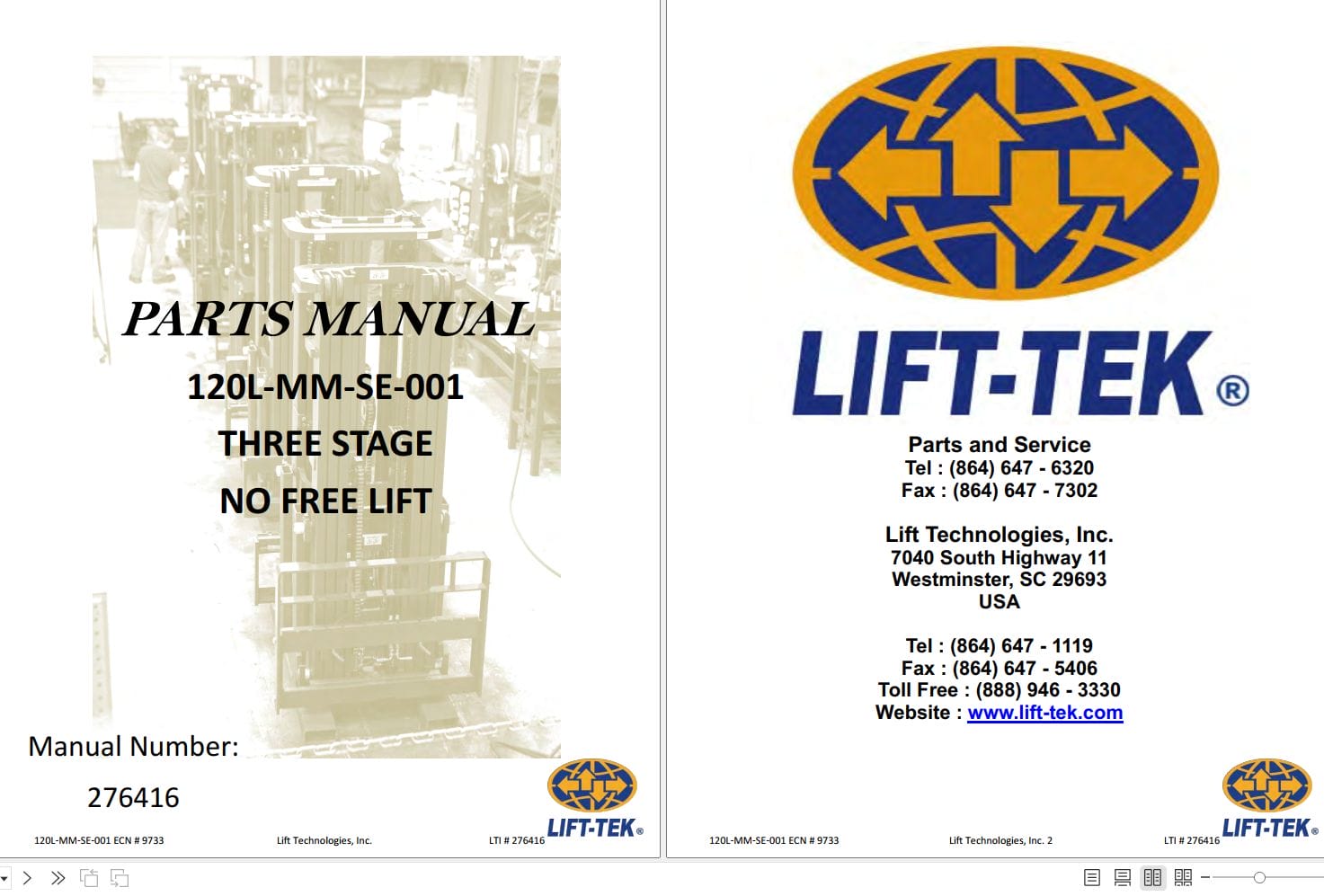 Lift Tek 120L MM SE 001 Three Stage No Free Lift Part Manual 276416 (1)