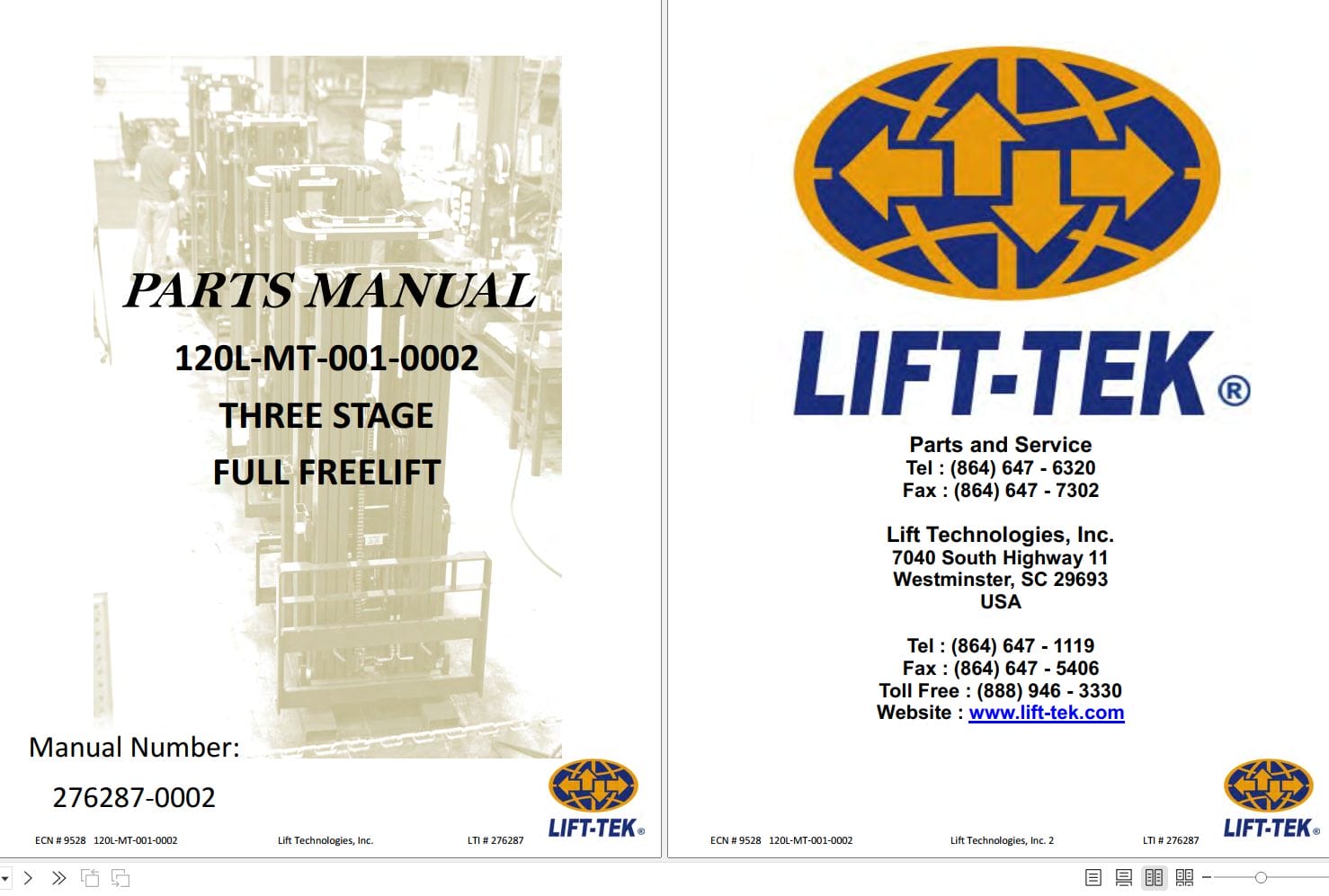 Lift Tek 120L MT 001 0002 Three Stage Full Freelift Part Manual 276287 0002 (1)