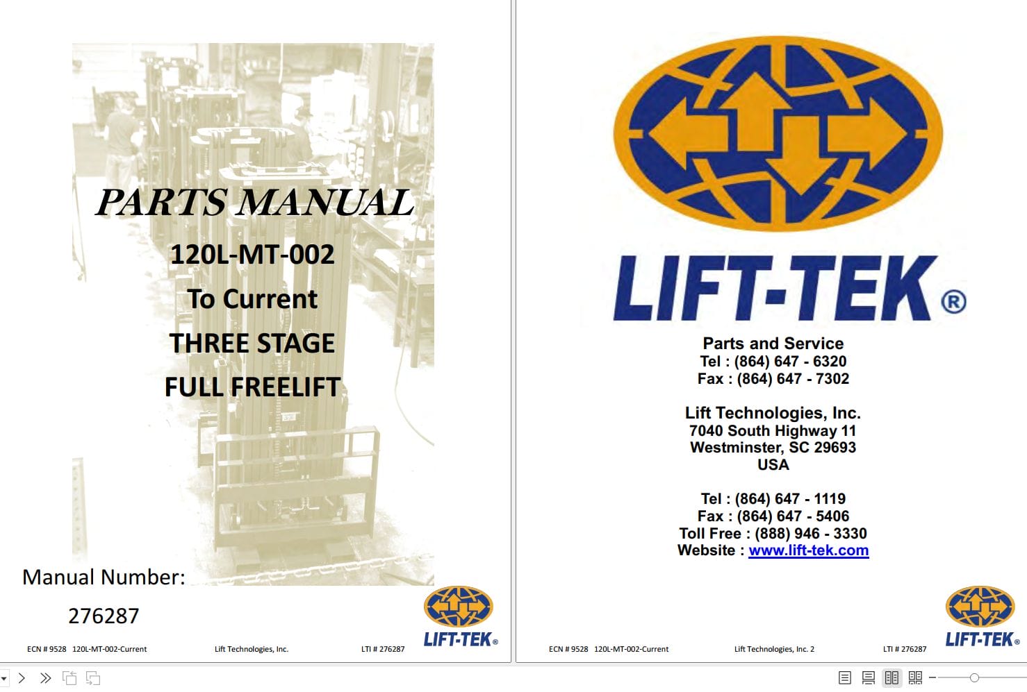 Lift Tek 120L MT 002 To Current Three Stage Full Freelift Part Manual 276287 (1)