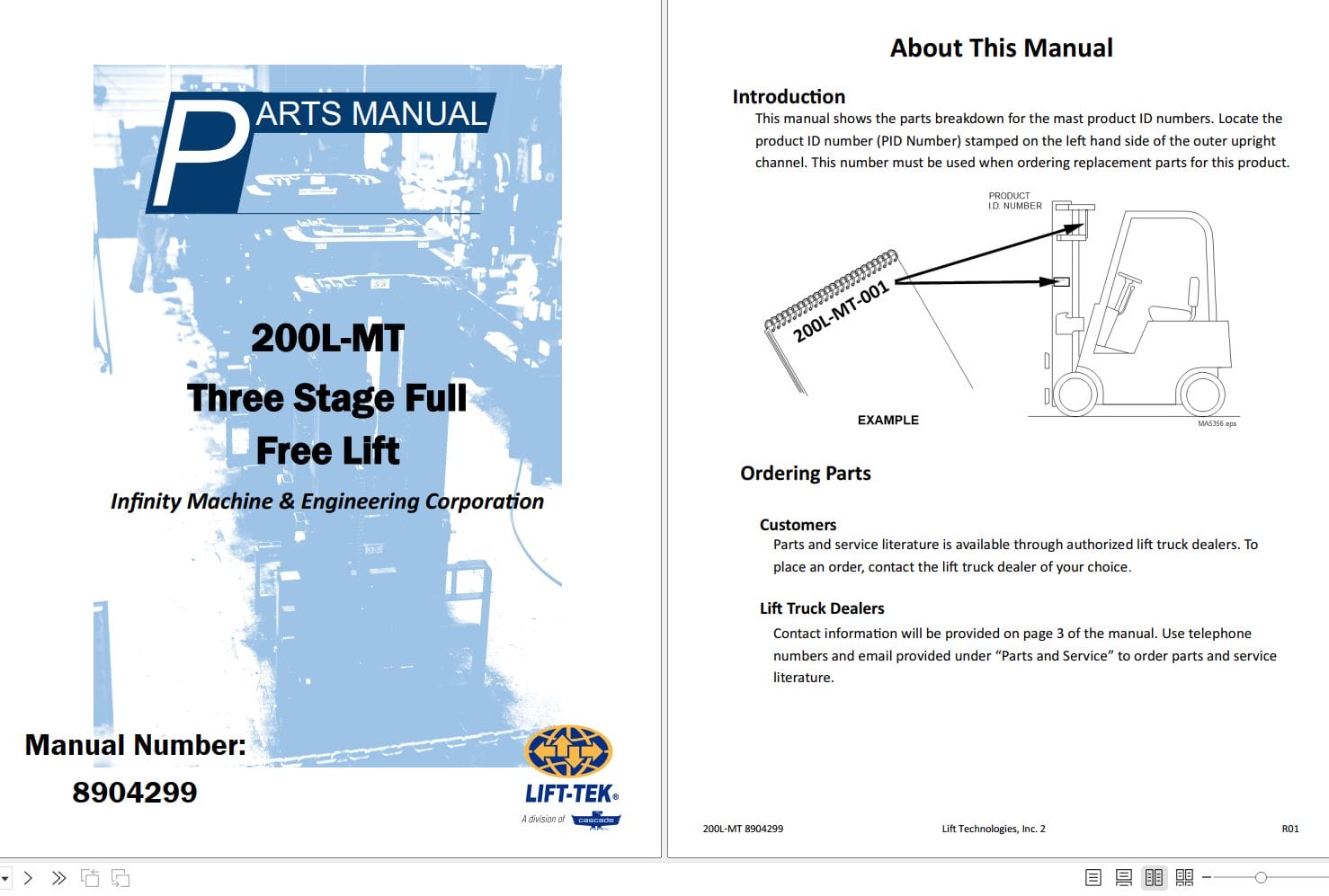 Lift Tek 200L MT Three stage Full Free Lift Part Manual 8904299 (1)