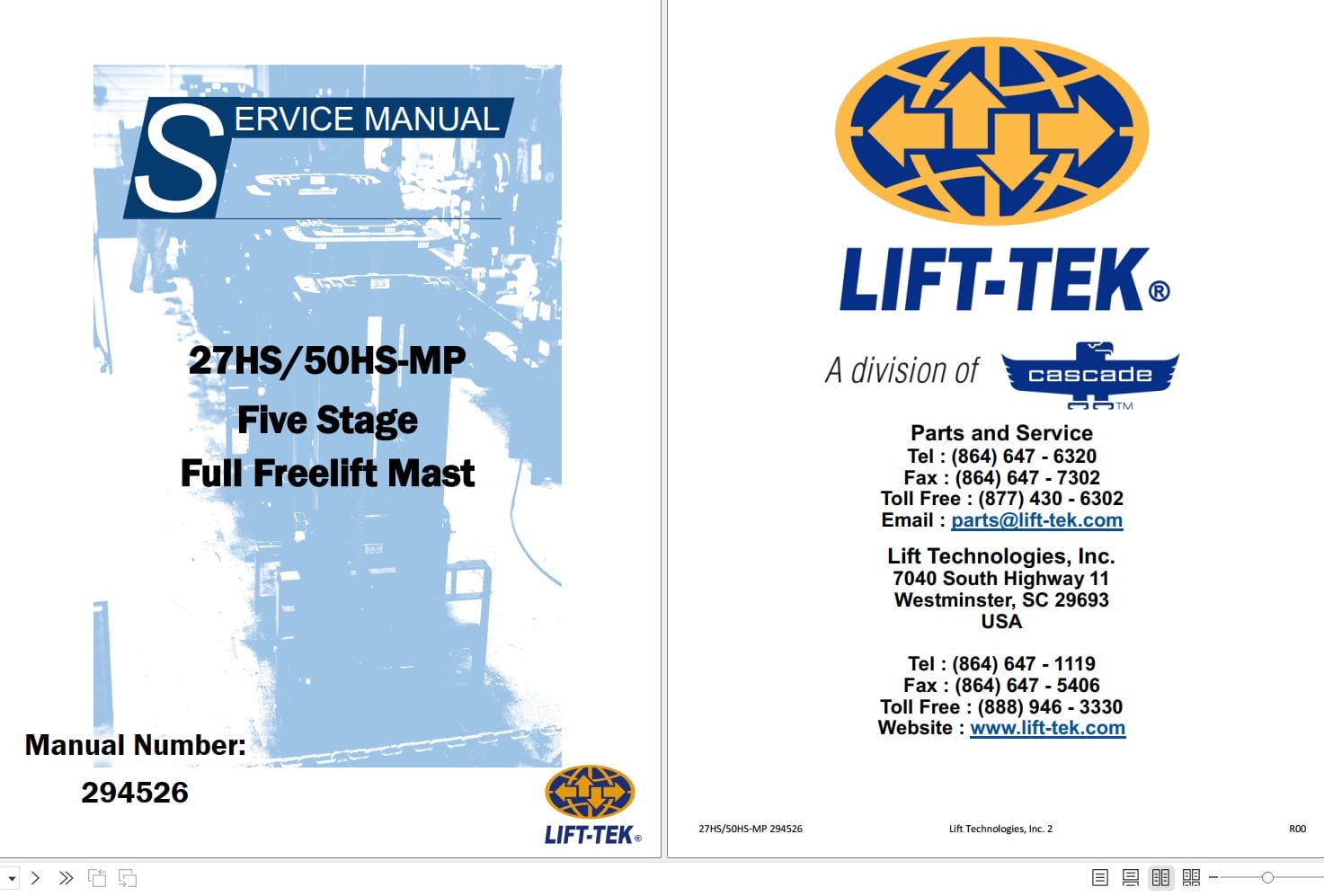 Lift Tek 27HS MP 50HS MP Five Stage Full Freellft Mast Service Manual 294526 (1)