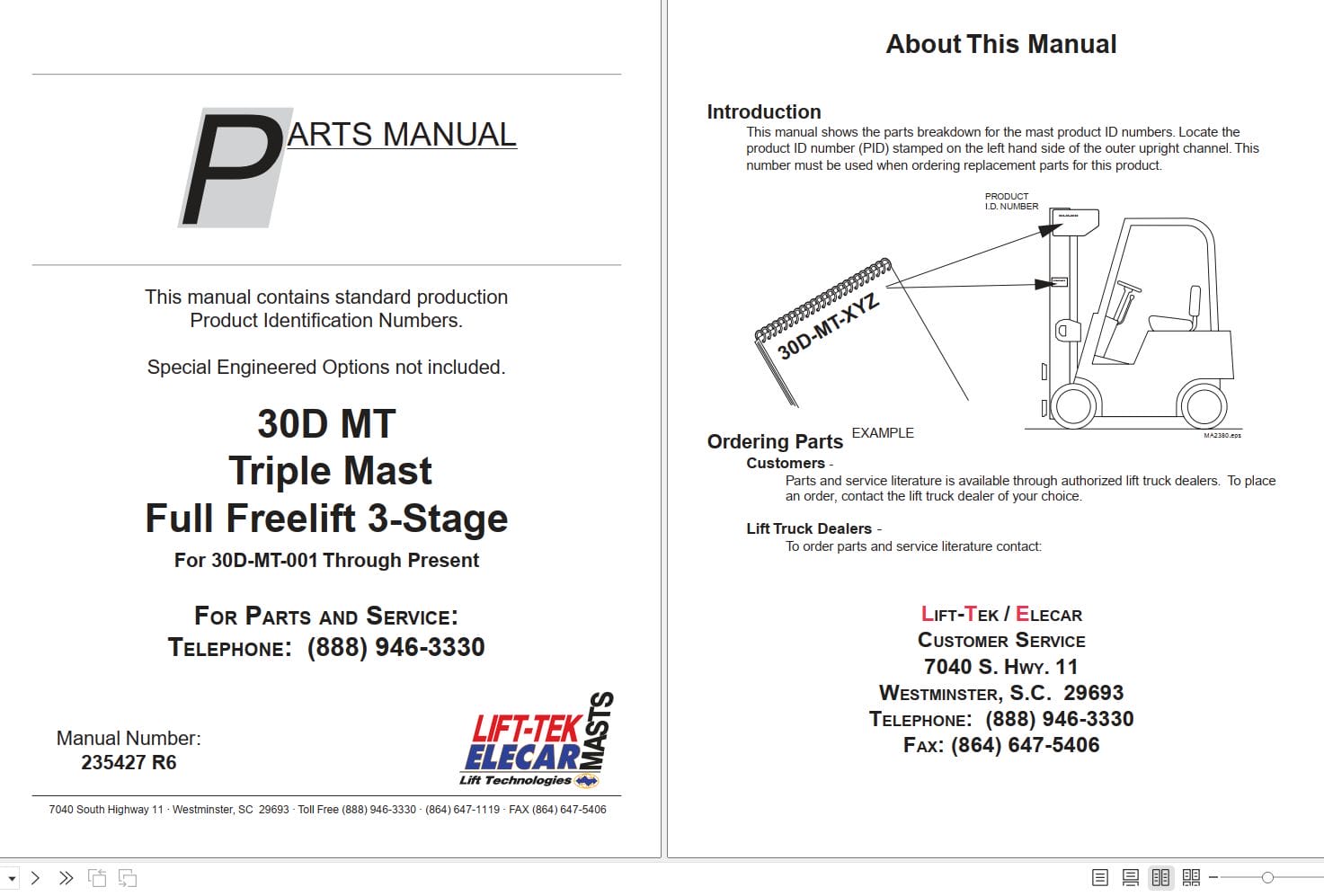 Lift Tek 30D MT Triple Mast Full Freelift 3 Stage Part Manual 235427R6 (1)