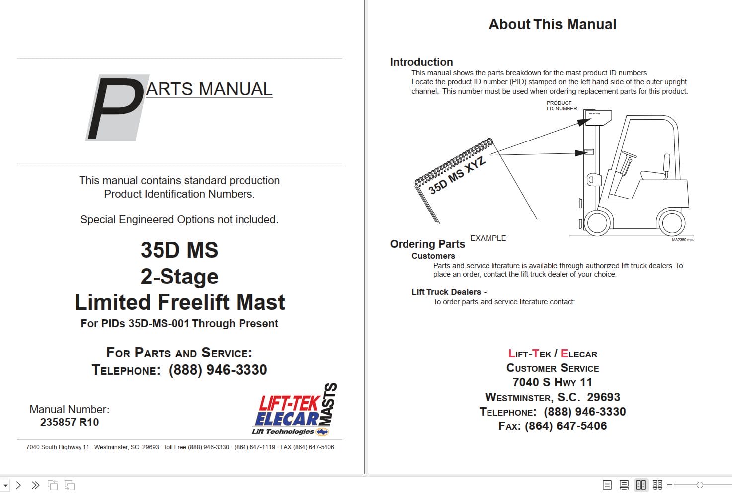 Lift Tek 35D MS 2 Stage Limited Freelift Mast Part Manual 235857R10 (1)