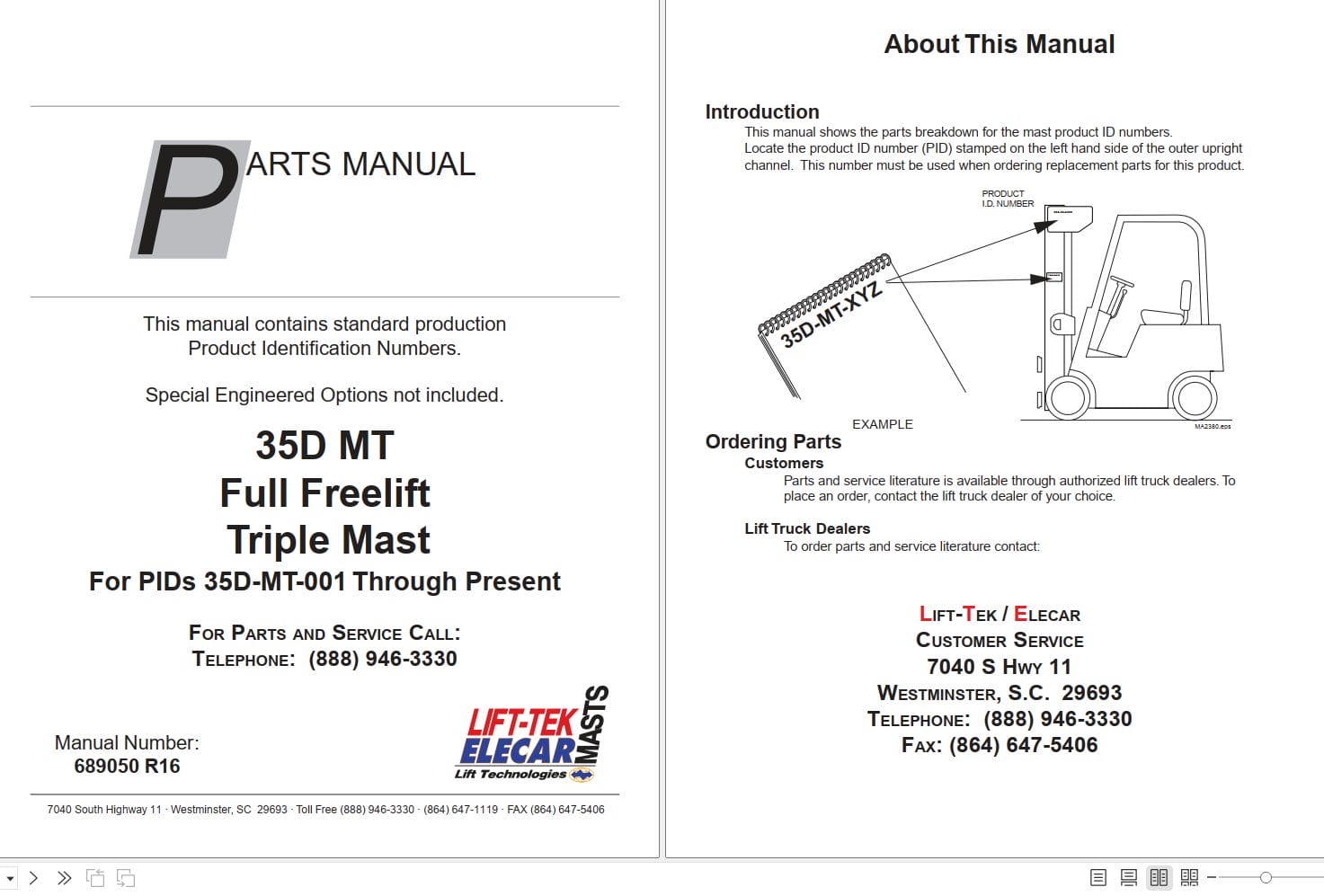 Lift Tek 35D MT Full Freelift Triple Mast Part Manual 689050R16 (1)