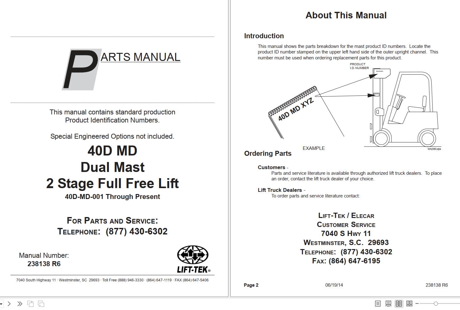 Lift Tek 40D MD Dual Mast 2 Stage Full Free Lift Part Manual 238138R6 (1)