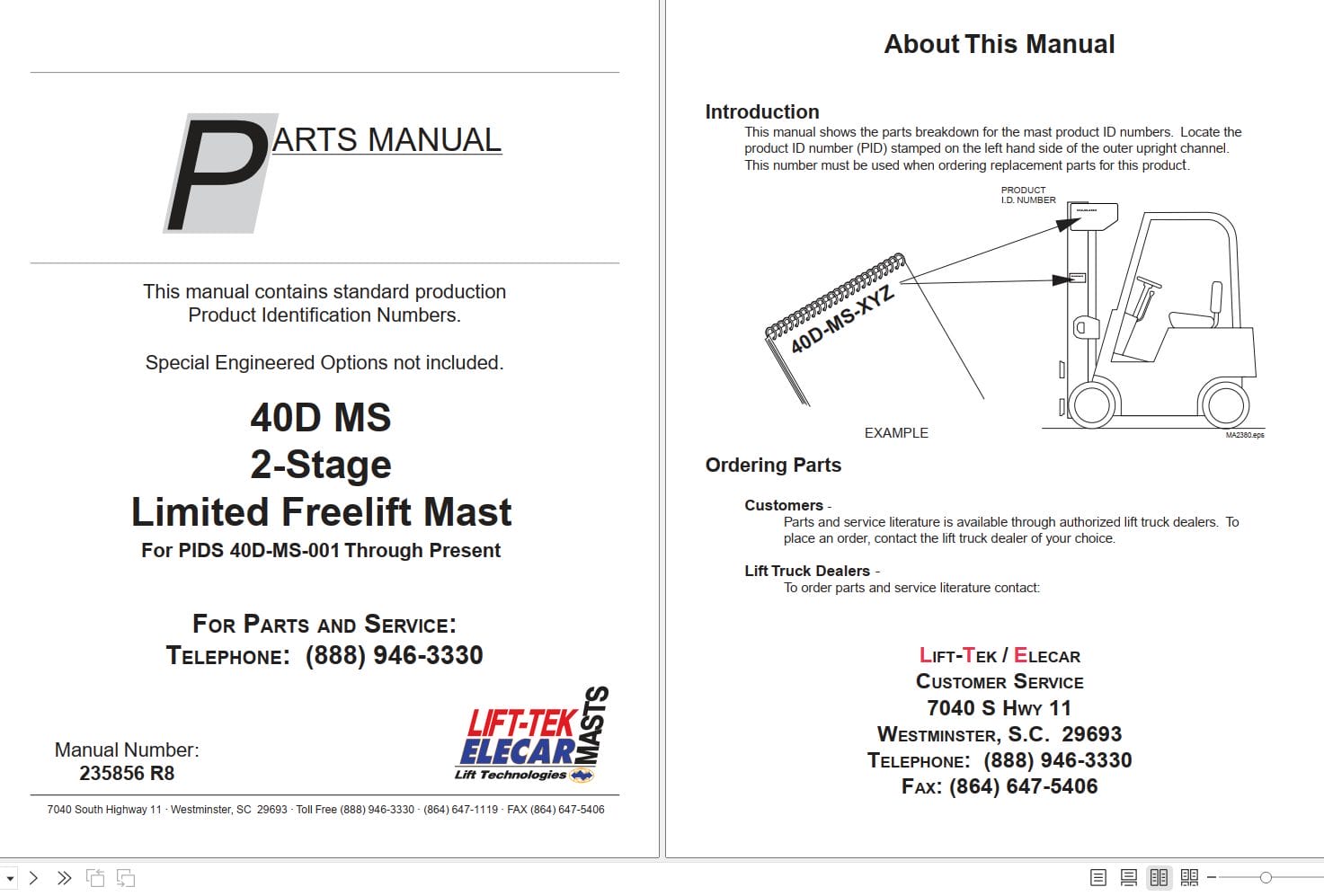 Lift Tek 40D MS 2 Stage Limited Freelift Mast Part Manual 235856R8 (1)