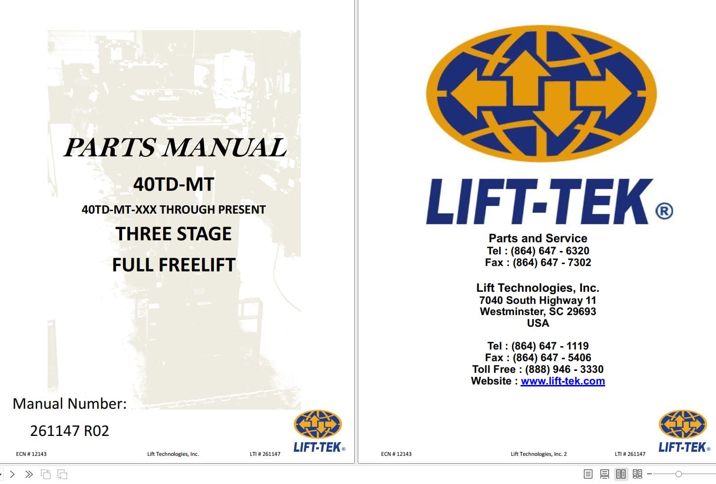 Lift Tek 40TD MT Three Stage Full Freelift Part Manual 261147R02 (1)
