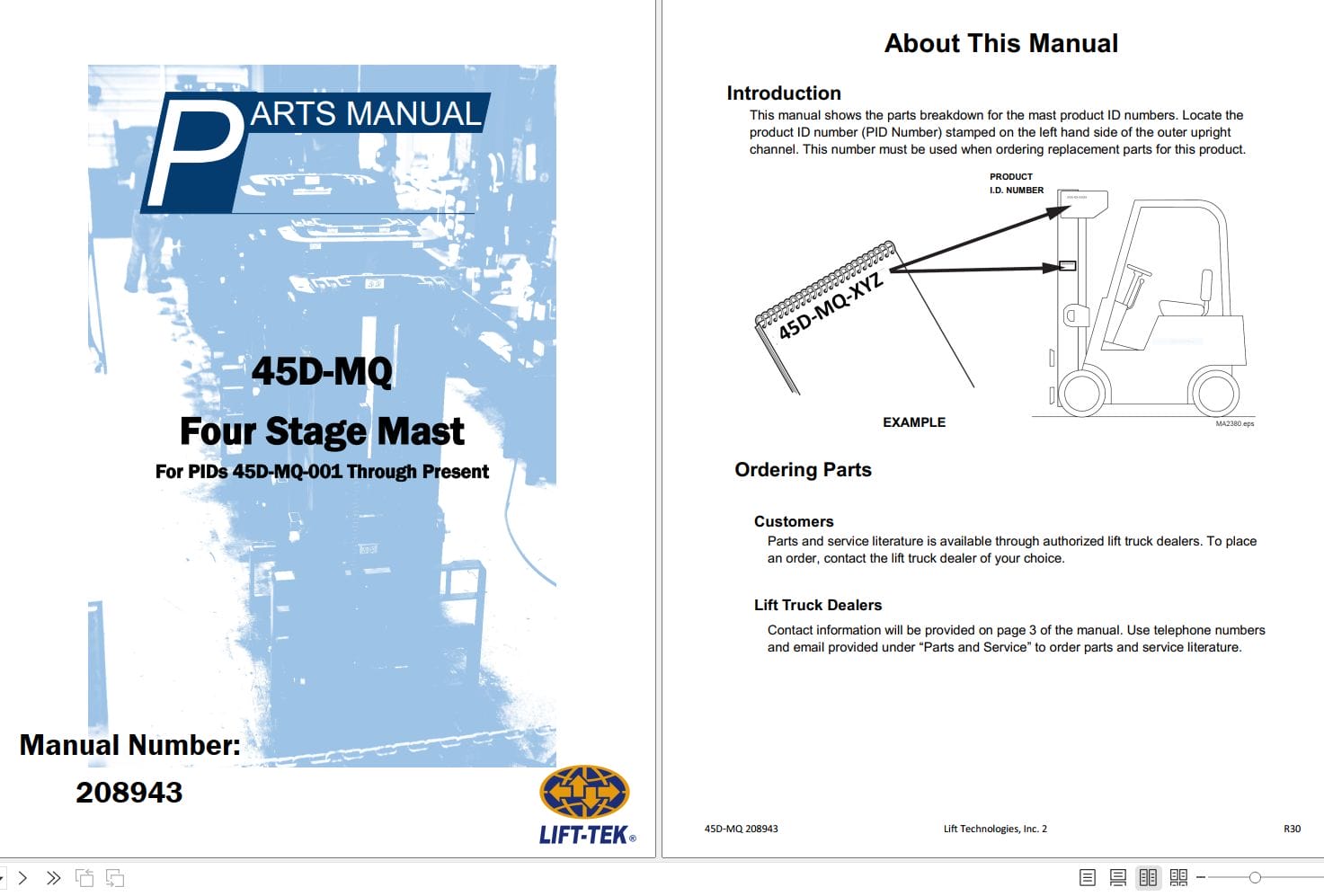 Lift Tek 45D MQ Four Stage Mast Part Manual 208943 (1)