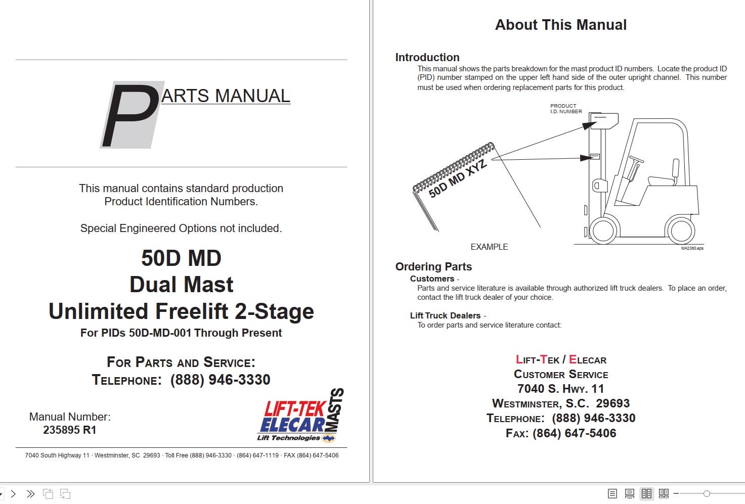 Lift Tek 50D MD Dual Mast Unlimited Freelift 2 Stage Part Manual 235895R1 (1)
