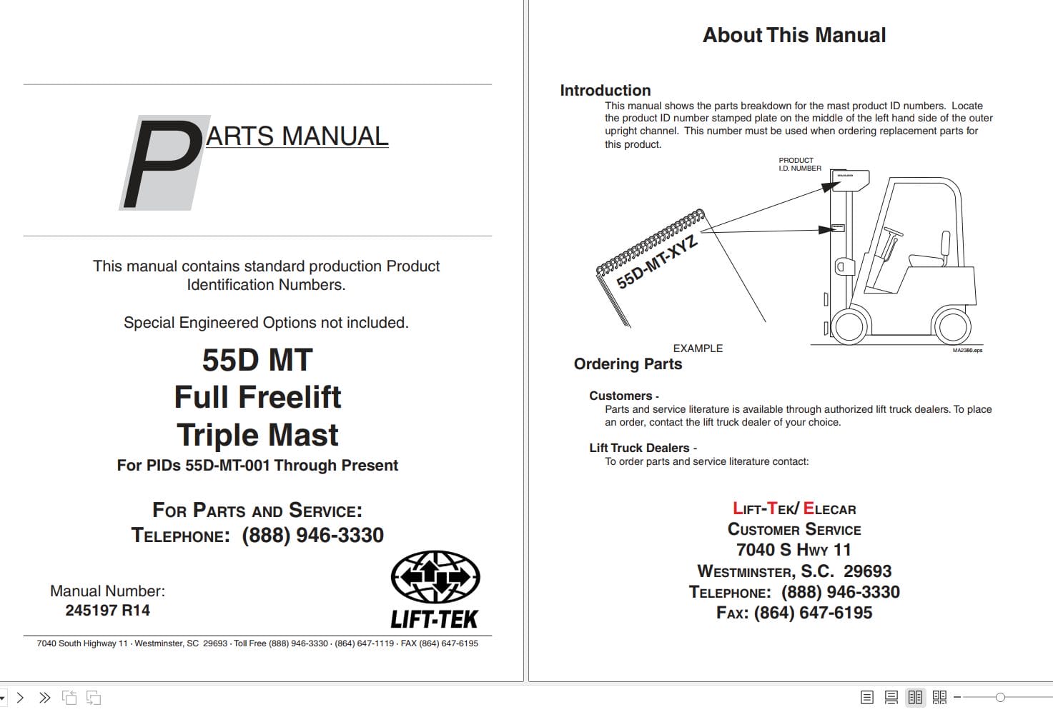 Lift Tek 55D MT Full Freelift Triple Mast Part Manual 245197R14 (1)
