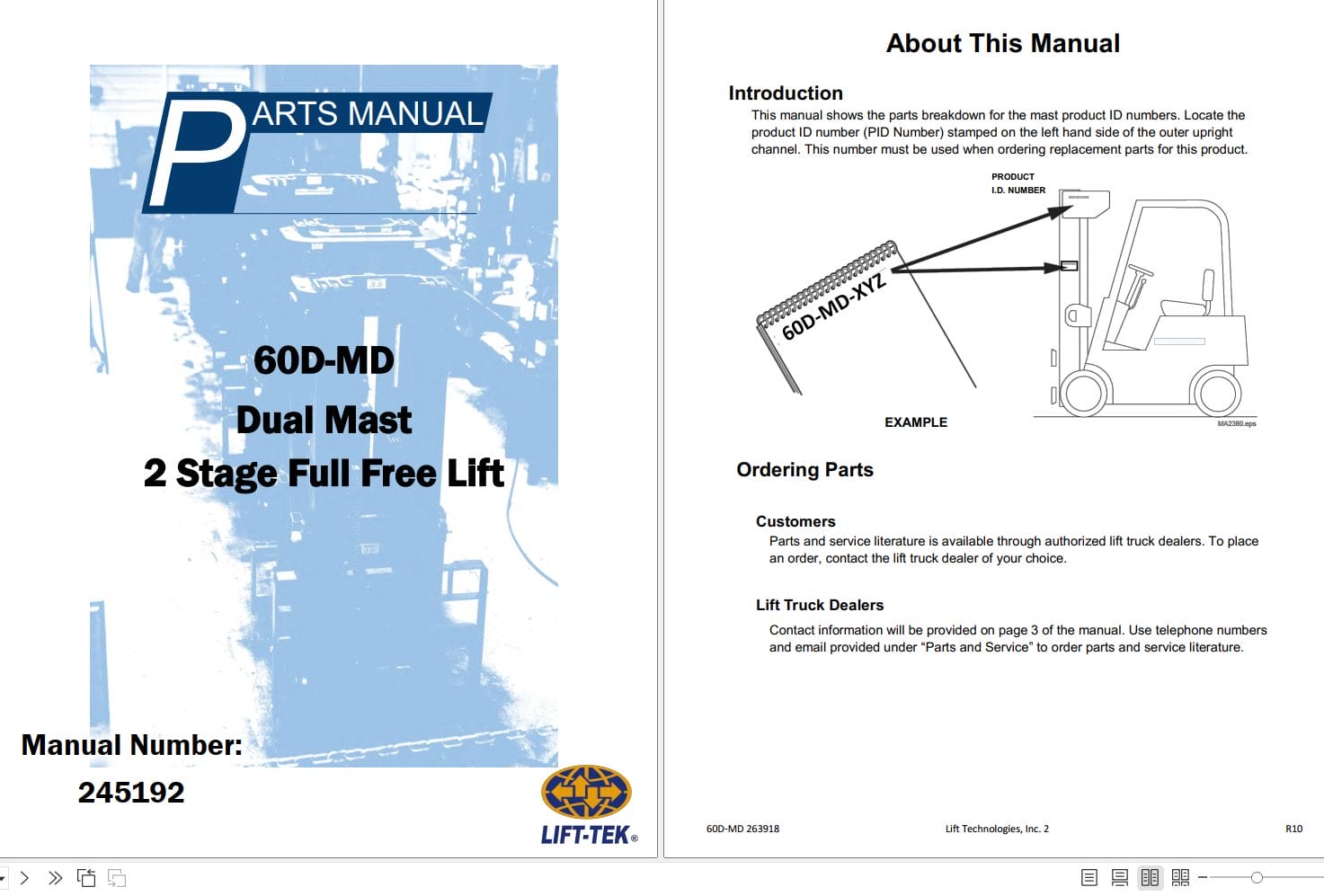 Lift Tek 60D MD Dual Mast 2 stage Full Free Lift Part Manual 245192 (1)