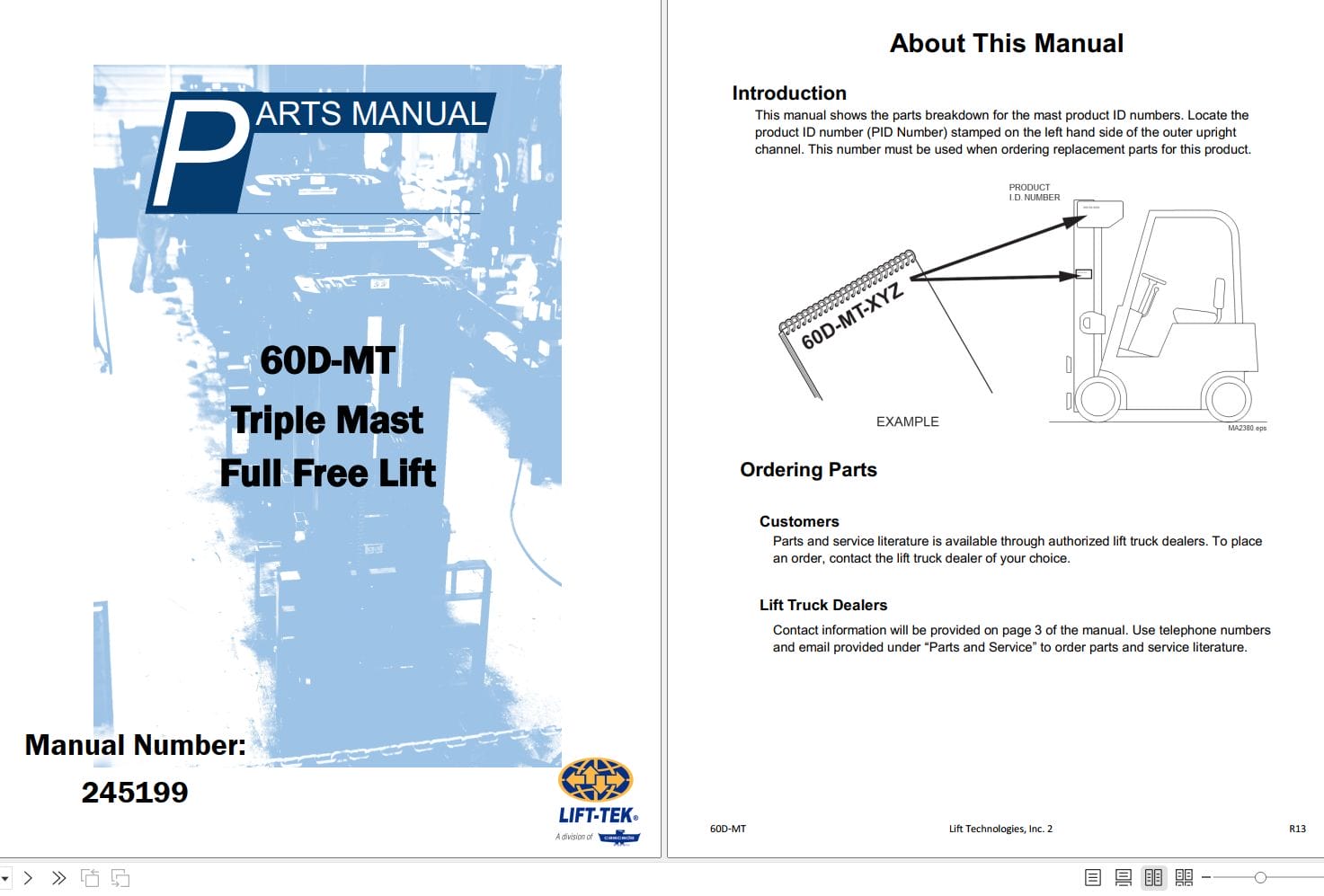 Lift Tek 60D MT Triple Mast Full Free Lift Part Manual 245199 (1)