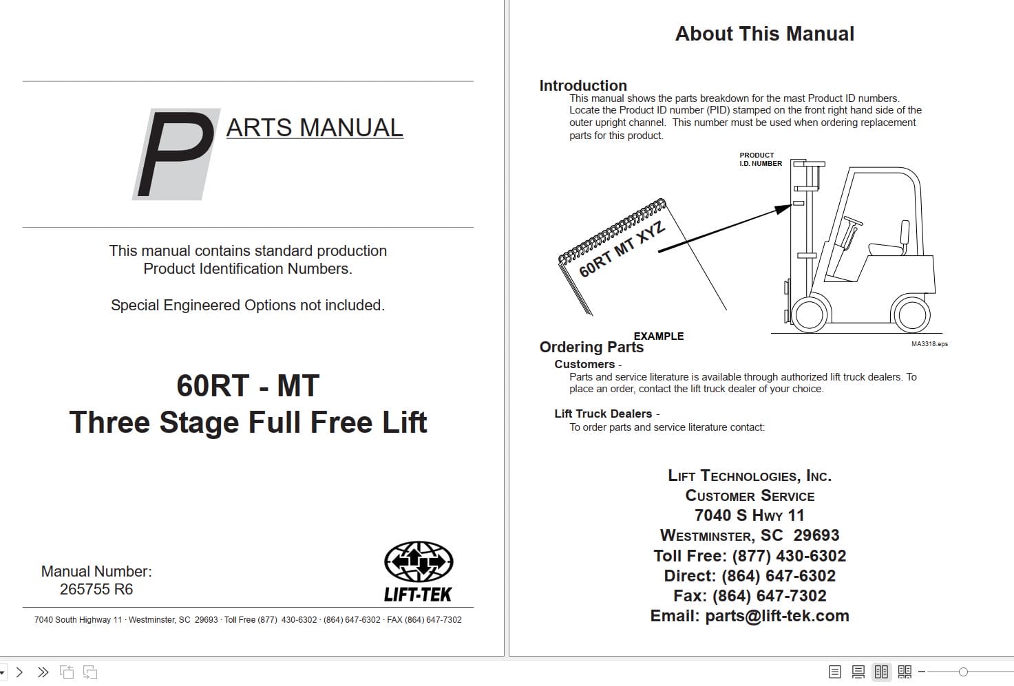 Lift Tek 60RT MT Three Stage Full Free Lift Part Manual 265755R6 (1)