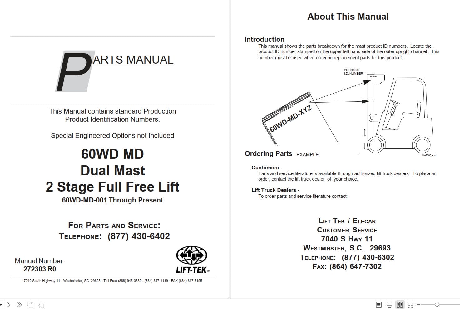 Lift Tek 60WD MD Dual Mast 2 Stage Full Free Lift Part Manual 272303R0 (1)