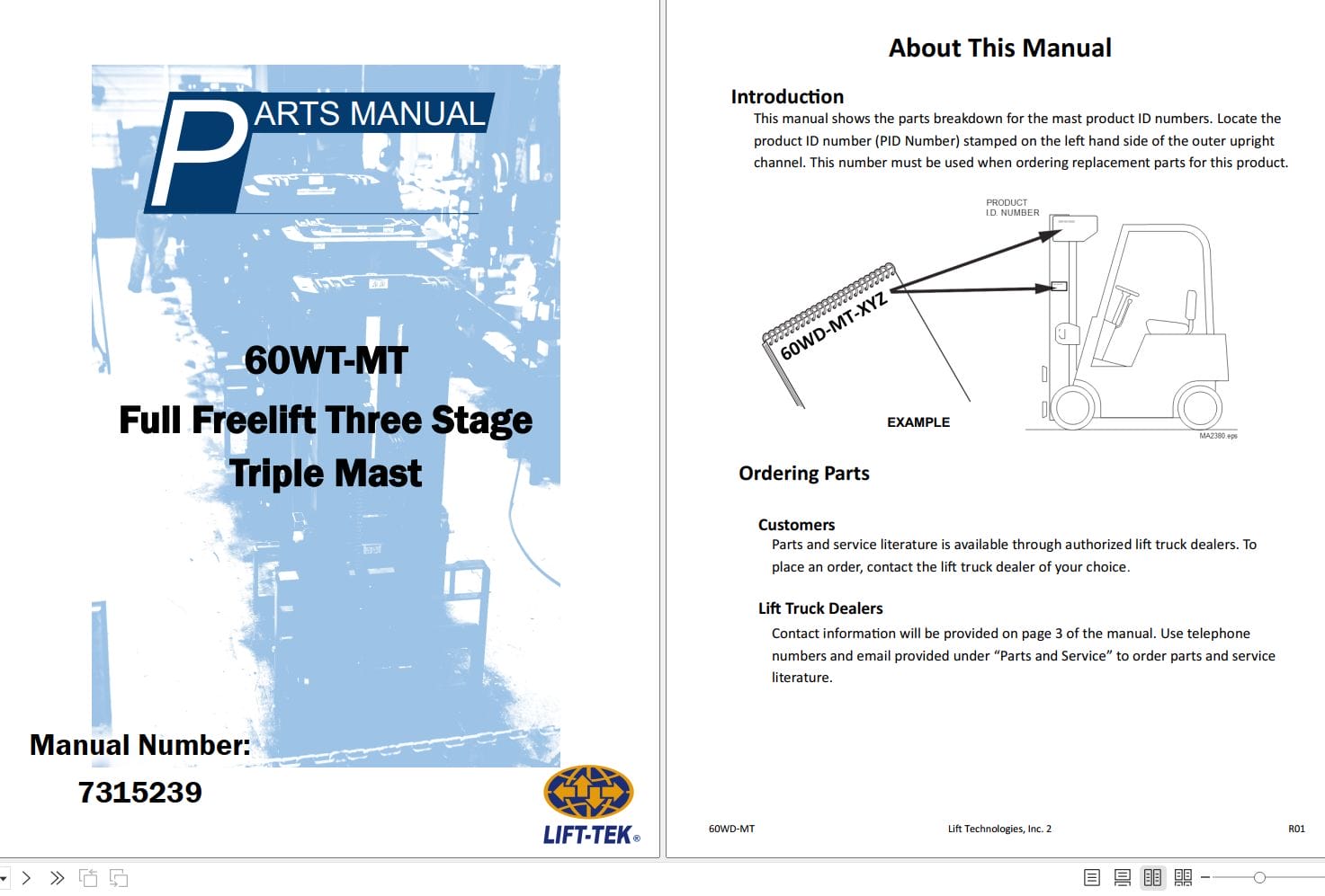 Lift Tek 60WT MT Full Freelift Three stage Triple Mast Part Manual 7315239 (1)