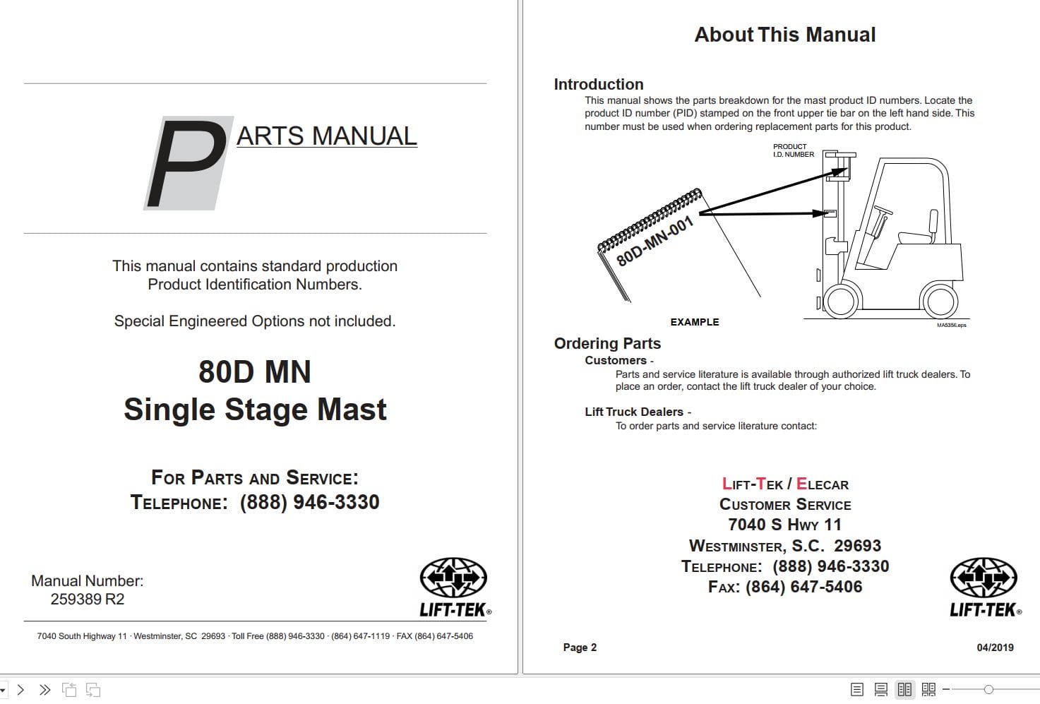 Lift Tek 80D MN Single Stage Mast Part Manual 259389R2 (1)