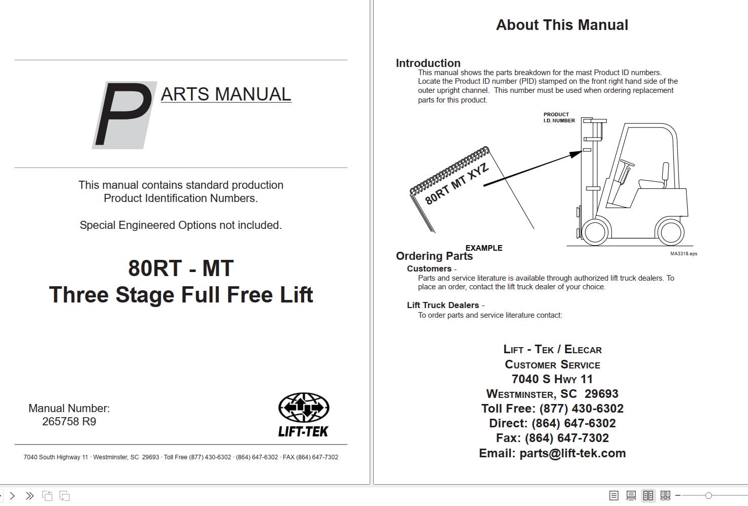 Lift Tek 80RT MT Three Stage Full Free Lift Part Manual 265758R9 (1)