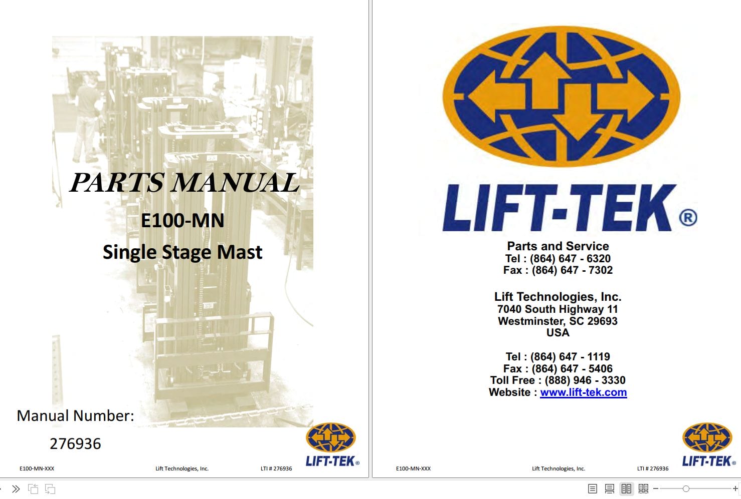 Lift Tek E100 MN Single Stage Mast Part Manual 276936 (1)
