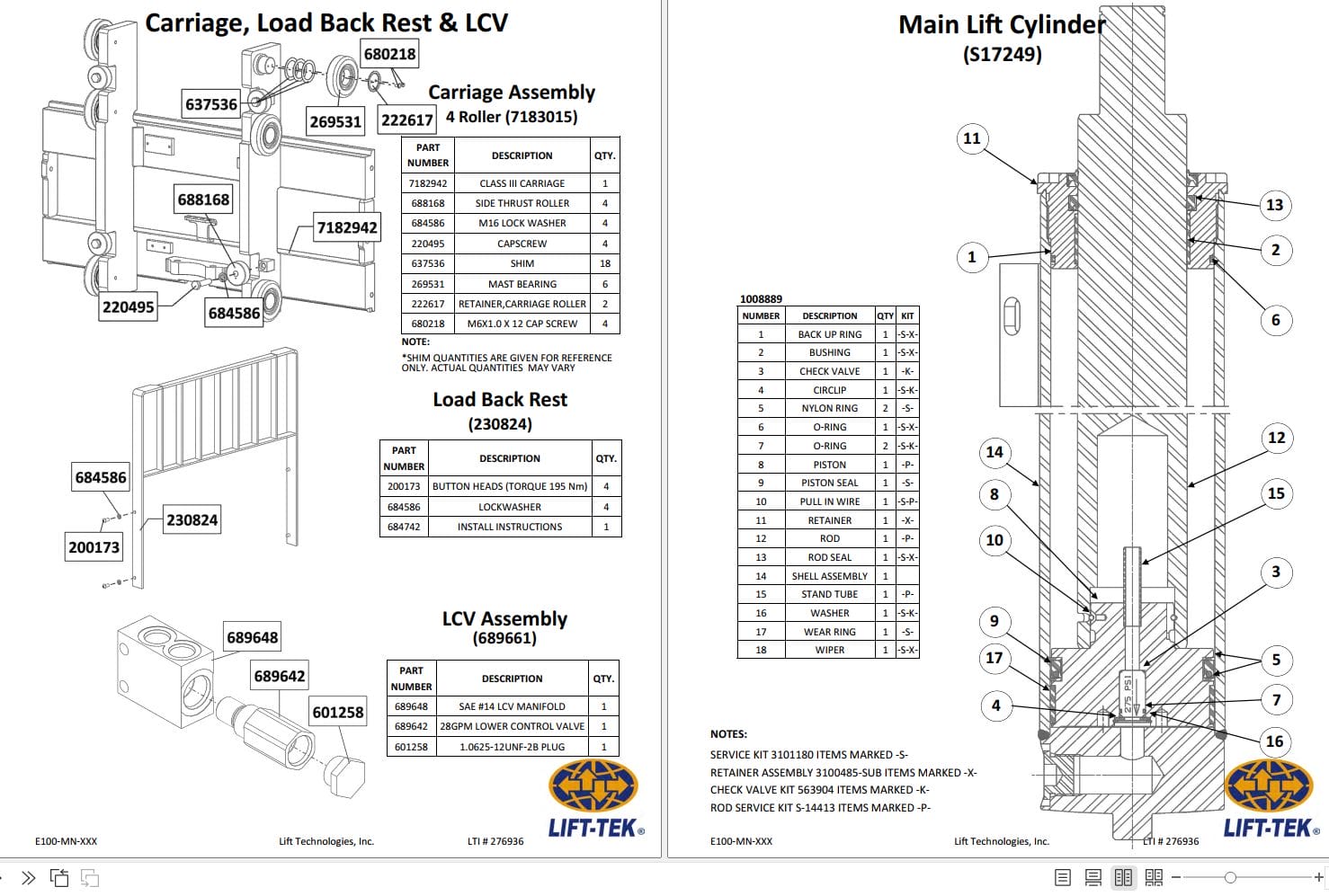 Lift Tek E100 MN Single Stage Mast Part Manual 276936 (2)