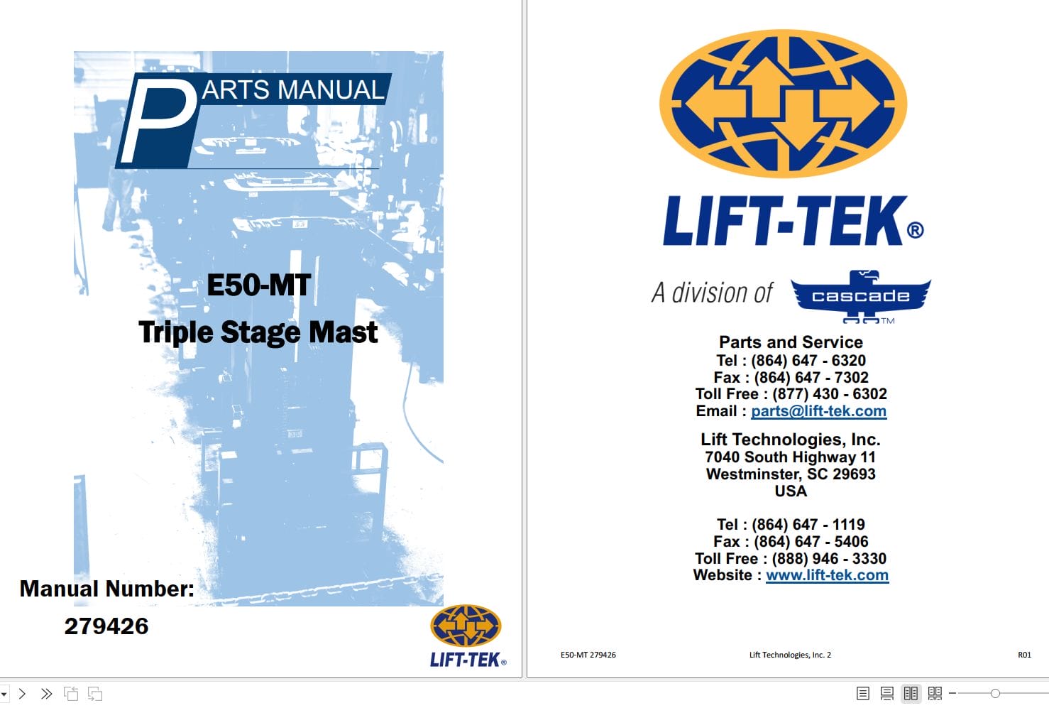 Lift Tek E50 MT Triple stage Mast Part Manual 279426 (1)