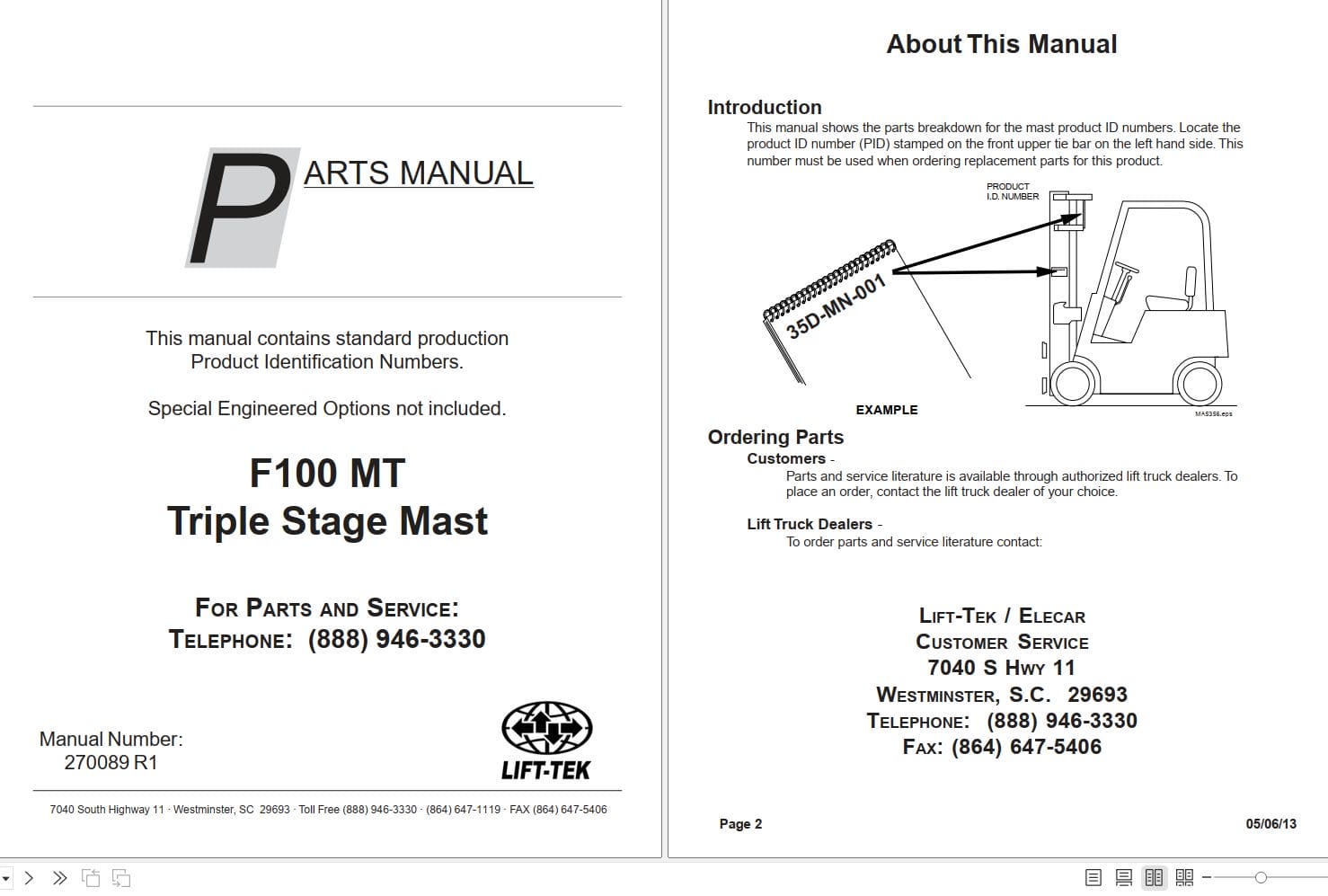 Lift Tek F100 MT Triple Stage Mast Part Manual 270089R1 (1)