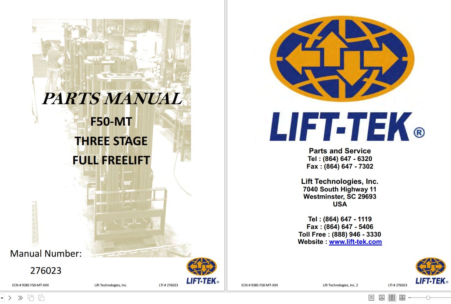 Lift Tek F50 MT Three Stage Full Freelift Part Manual 276023 (1)